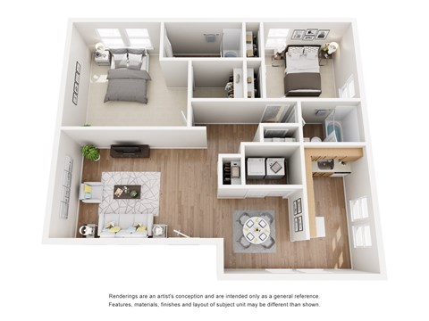 Floor plan for 2 beds, 2 baths, 825 sqft
